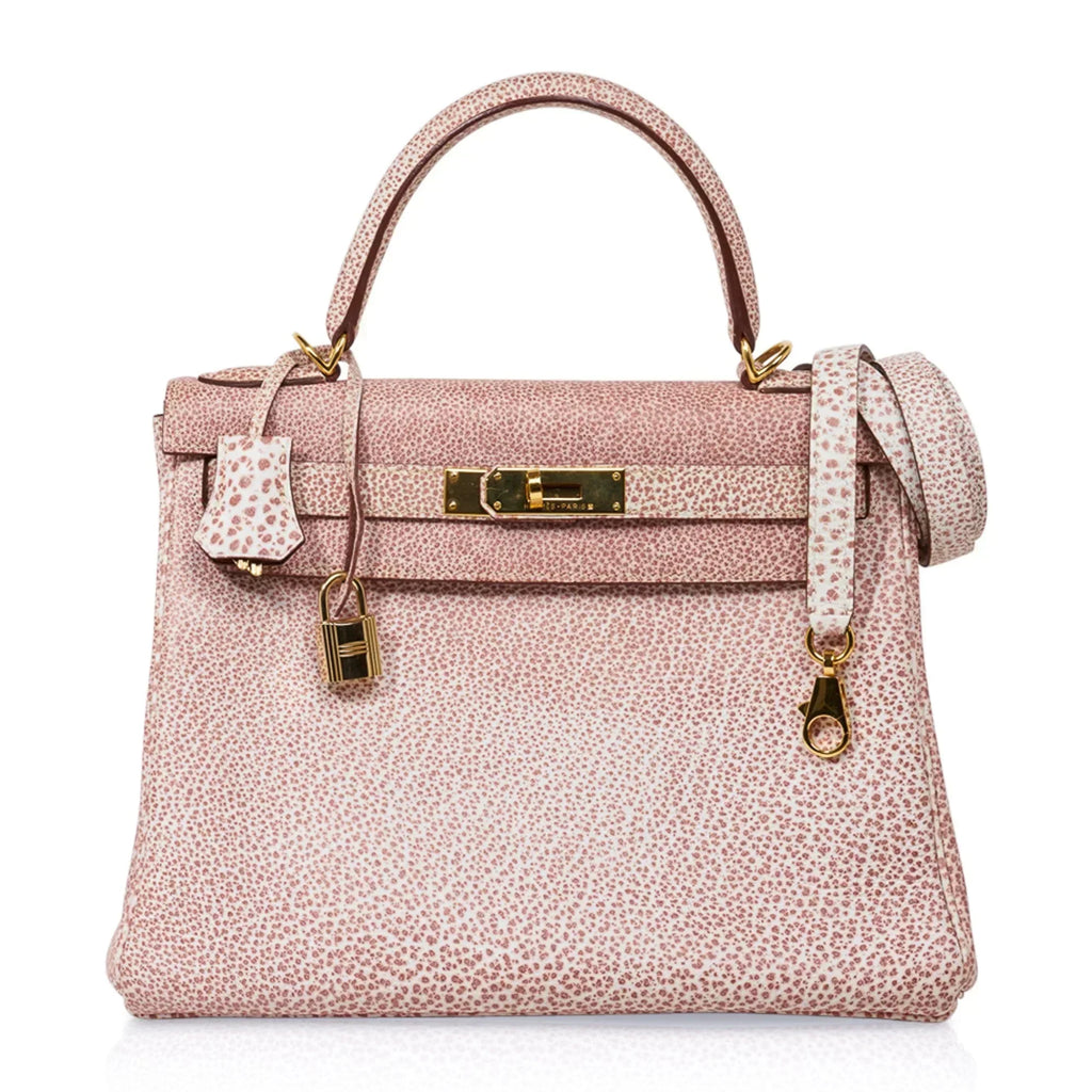 Kelly 28 Pink Dalmation Buffalo Skipper Leather Bag Gold Hardware