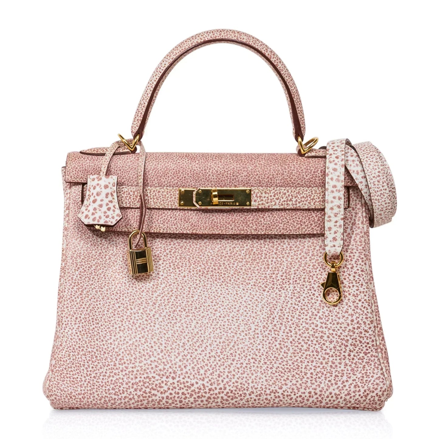 Kelly 28 Pink Dalmation Buffalo Skipper Leather Bag Gold Hardware