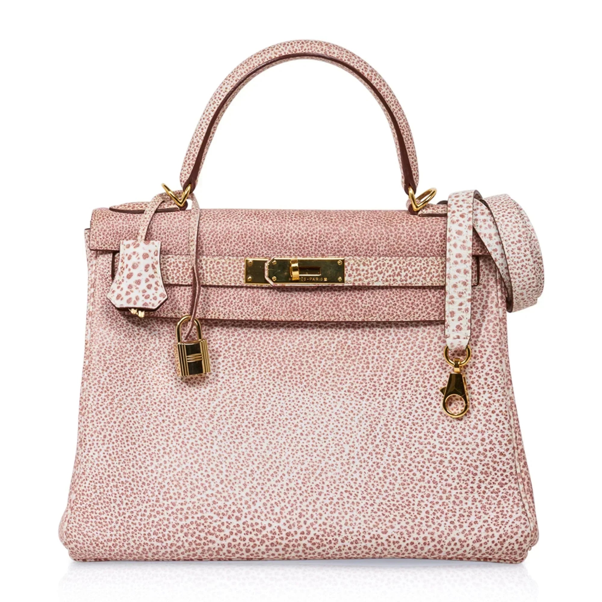 Kelly 28 Pink Dalmation Buffalo Skipper Leather Bag Gold Hardware