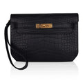Kelly Depeches 25 Pouch Black Matte Alligator Gold Hardware New