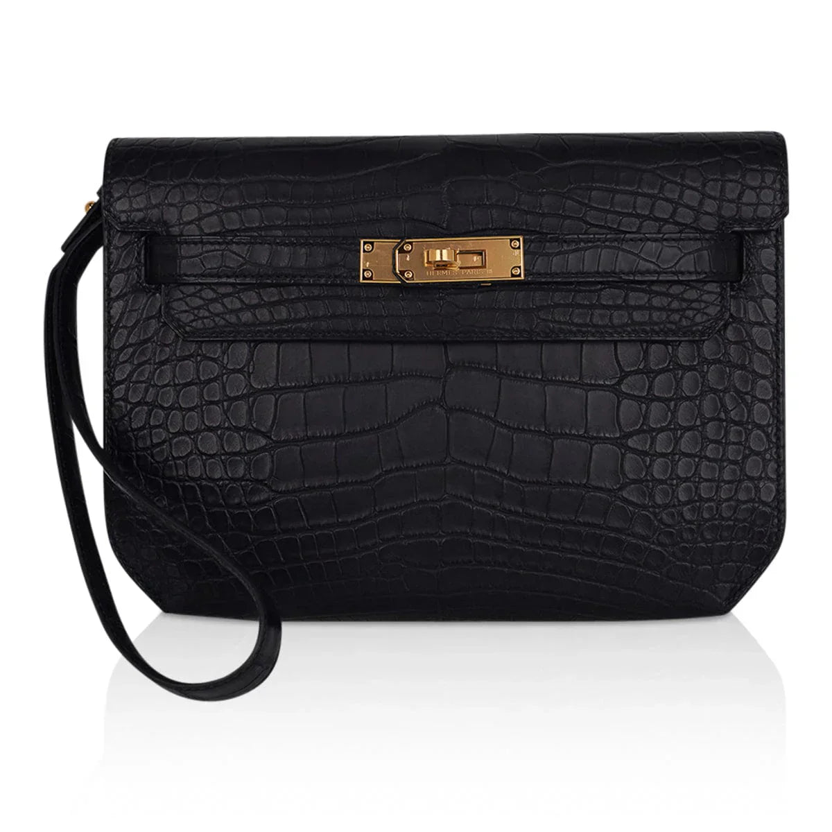 Kelly Depeches 25 Pouch Black Matte Alligator Gold Hardware New