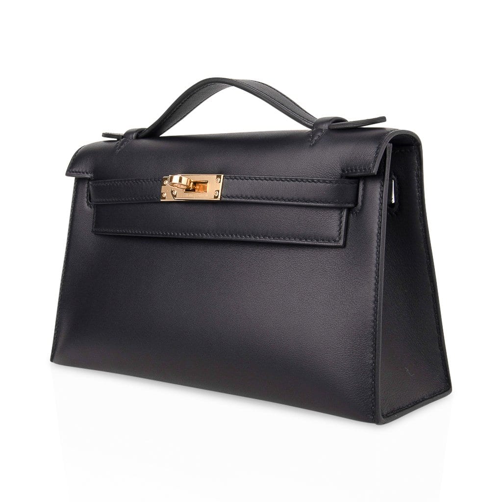 Kelly Pochette Bag Black Swift Leather with Gold Hardware