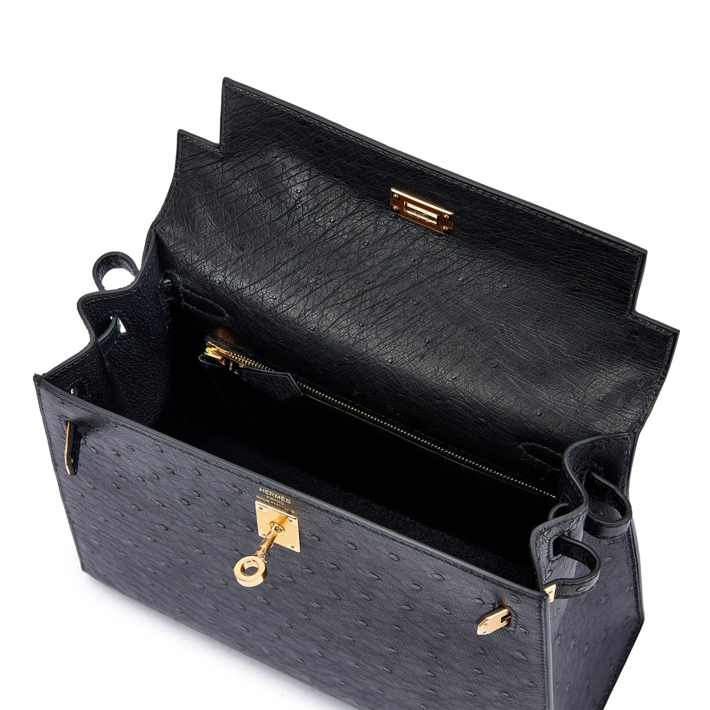Kelly 25 Sellier Black Ostrich Gold Hardware