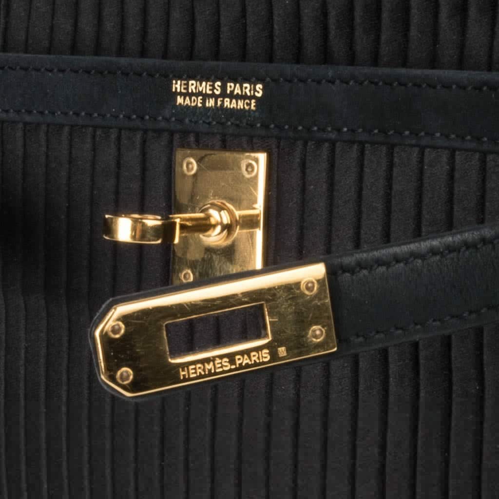 Kelly 20 Mini Vintage Bag Black Pleated Silk Suede Trim Gold Hardware