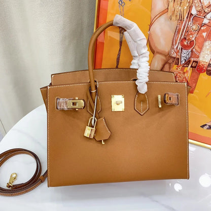 Birkin Sellier 25 Gold Epsom Leather Rolled Handles Gold Hardware Handbag