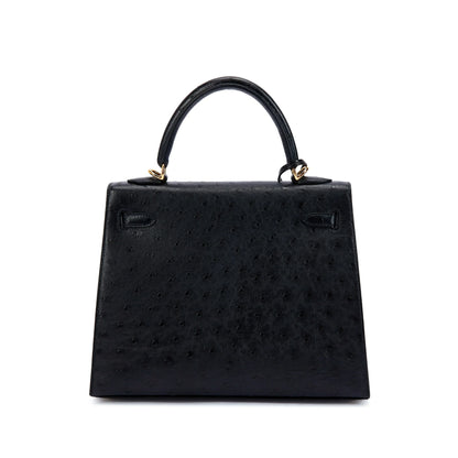 Kelly 25 Sellier Black Ostrich Gold Hardware