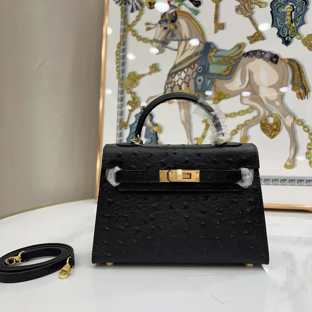 Kelly Sellier Mini 20 Black Ostrich Gold Hardware