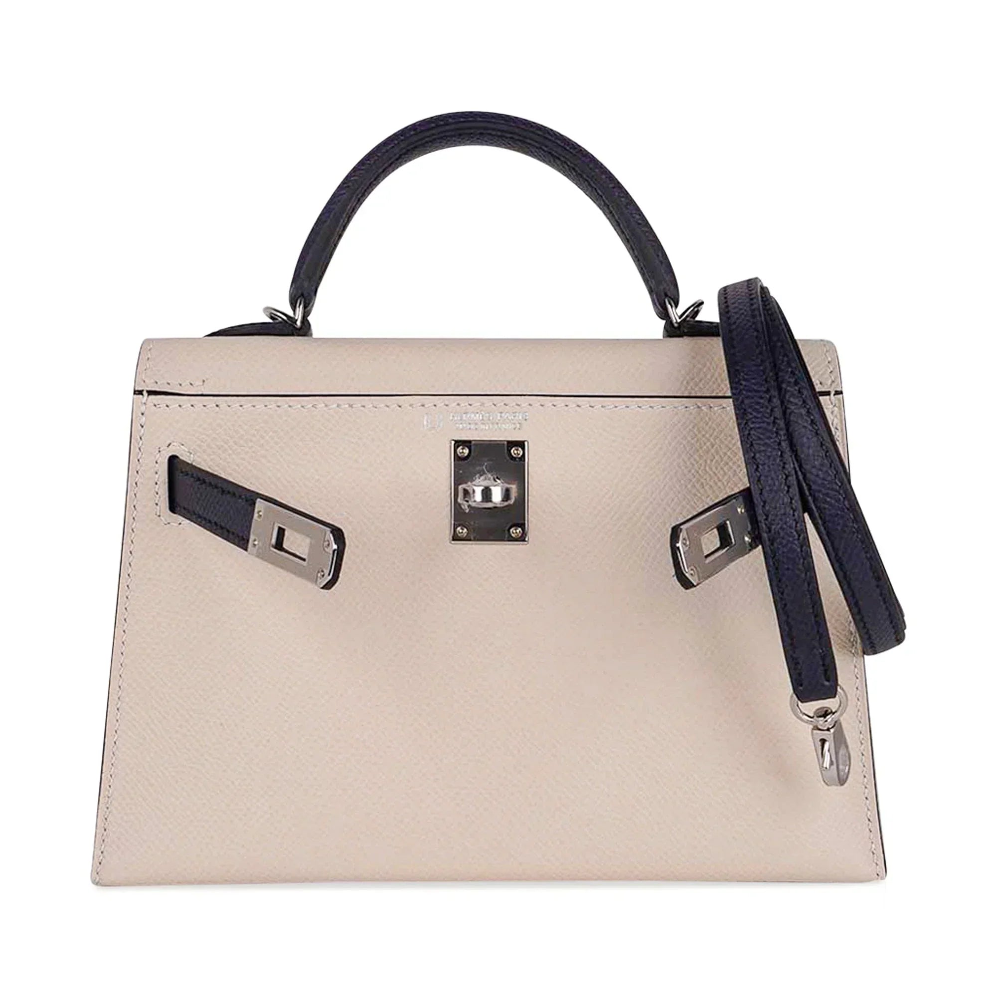 Special Order HSS Mini Kelly 20 Bag Sellier Craie & Blue Indigo Epsom Leather with Palladium Hardware