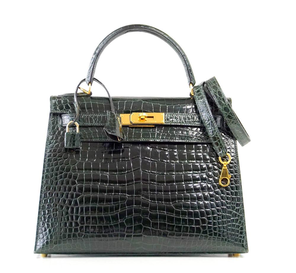 Kelly 28 Bag Exotic Vert Fonce Porosus Crocodile Gold
