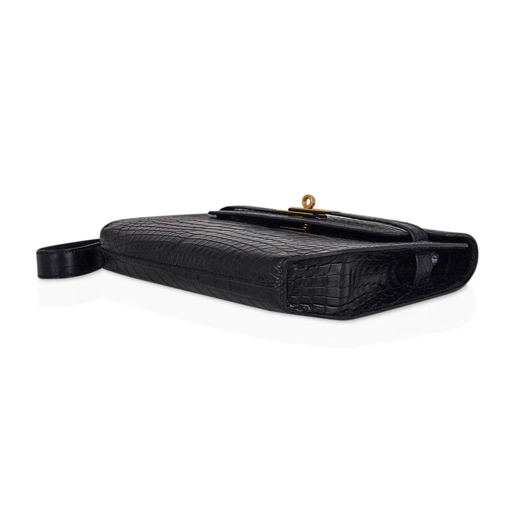 Kelly Depeches 25 Pouch Black Matte Alligator Gold Hardware New