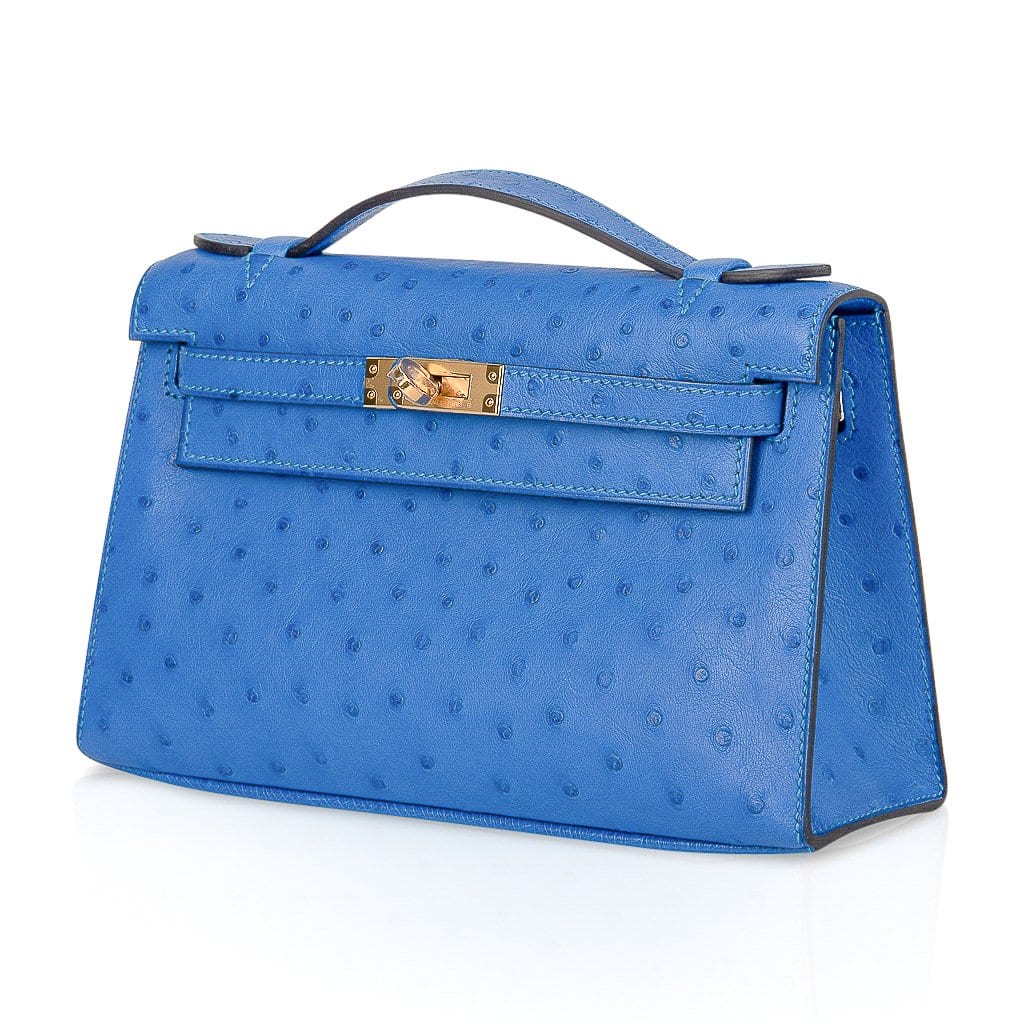 Kelly Pochette Bag Bleuet Ostrich Clutch Gold Hardware