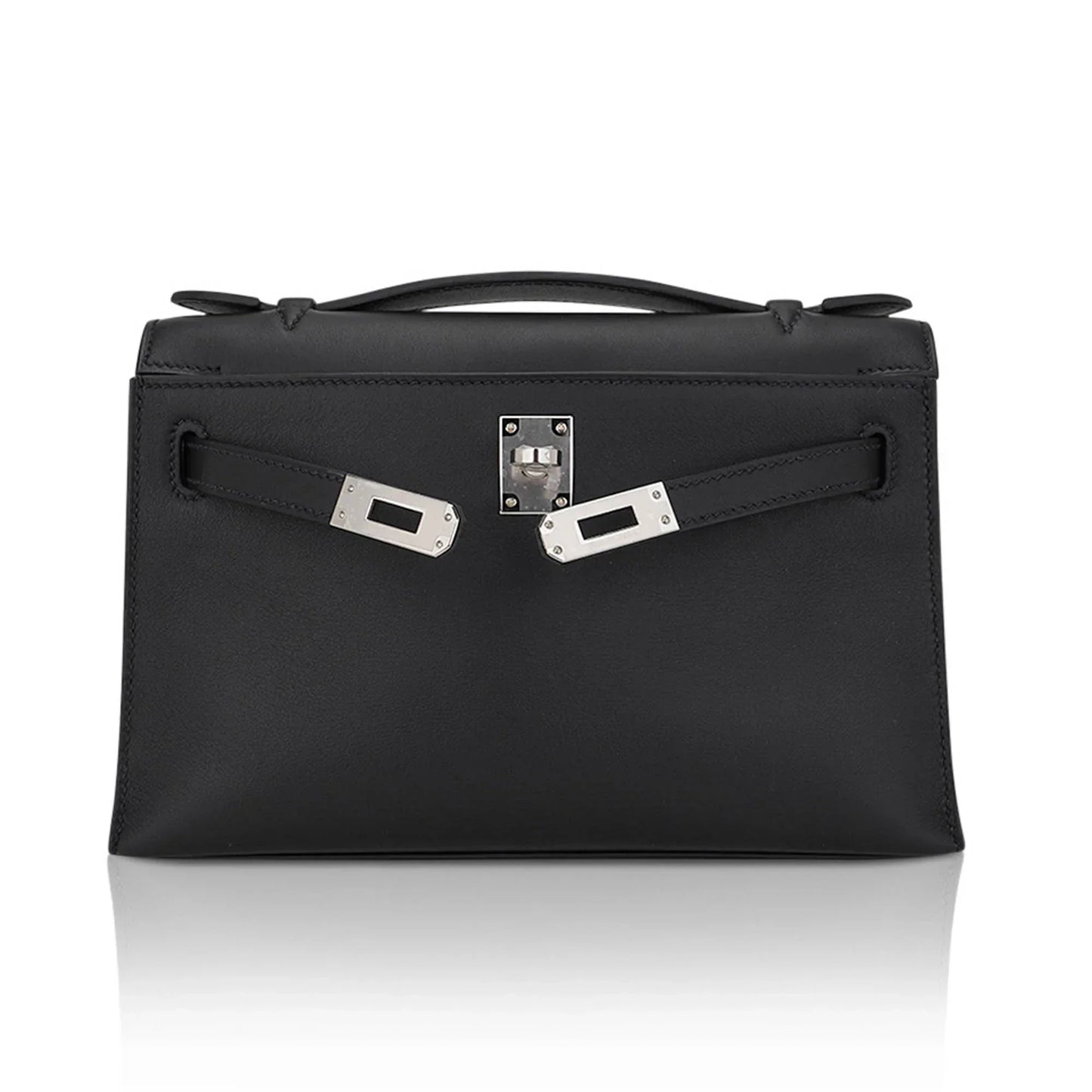 Kelly Pochette Clutch Bag Black Swift Leather with Palladium Hardware