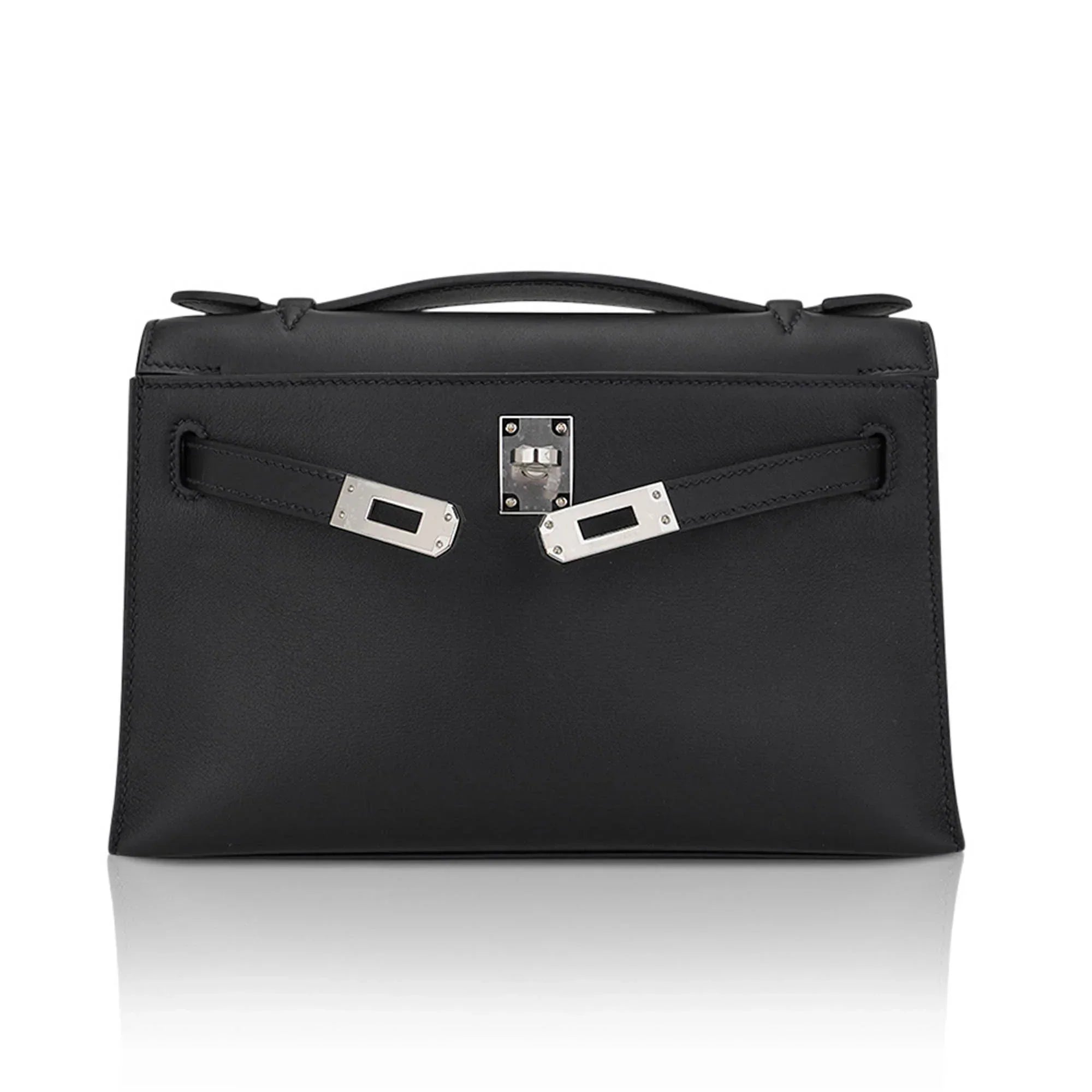 Kelly Pochette Clutch Bag Black Swift Leather with Palladium Hardware