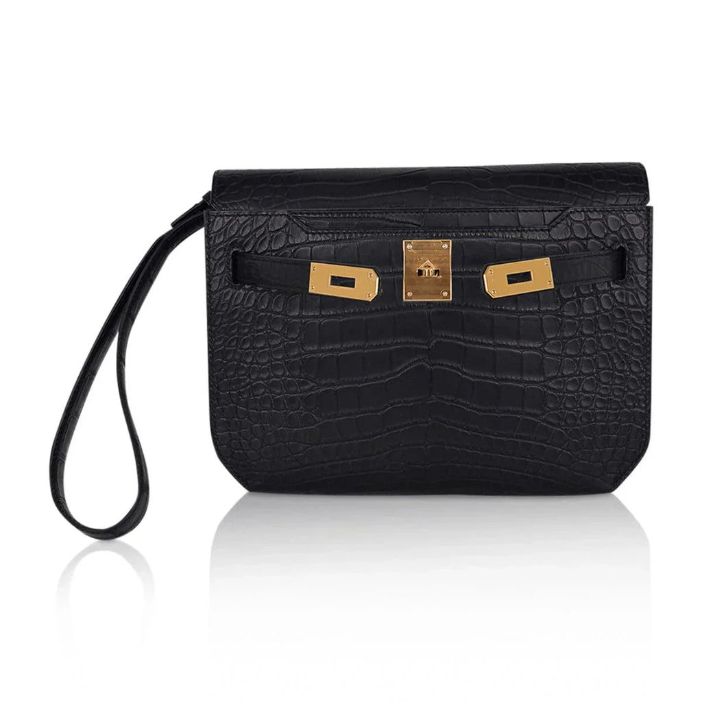 Kelly Depeches 25 Pouch Black Matte Alligator Gold Hardware New