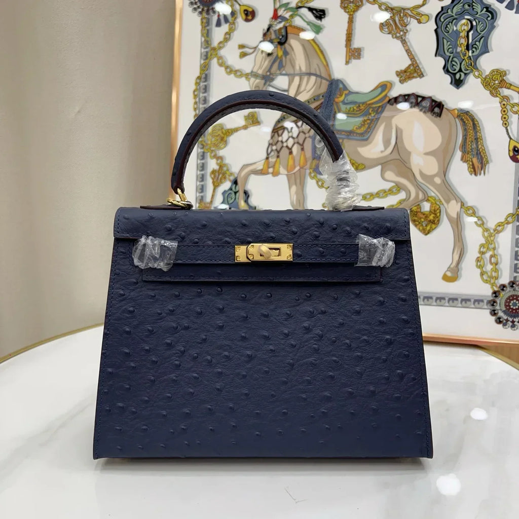 Kelly 25 Bleu Iris Sellier Ostrich Gold Hardware