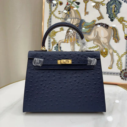 Kelly 25 Bleu Iris Sellier Ostrich Gold Hardware