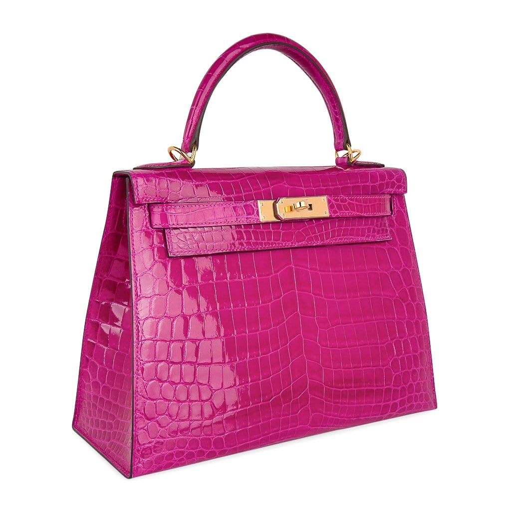 Kelly 28 Sellier Bag Rose Scheherazade Crocodile Gold Hardware