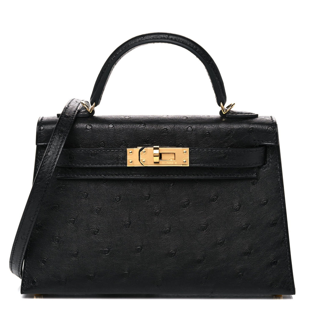 Kelly Sellier Mini 20 Black Ostrich Gold Hardware