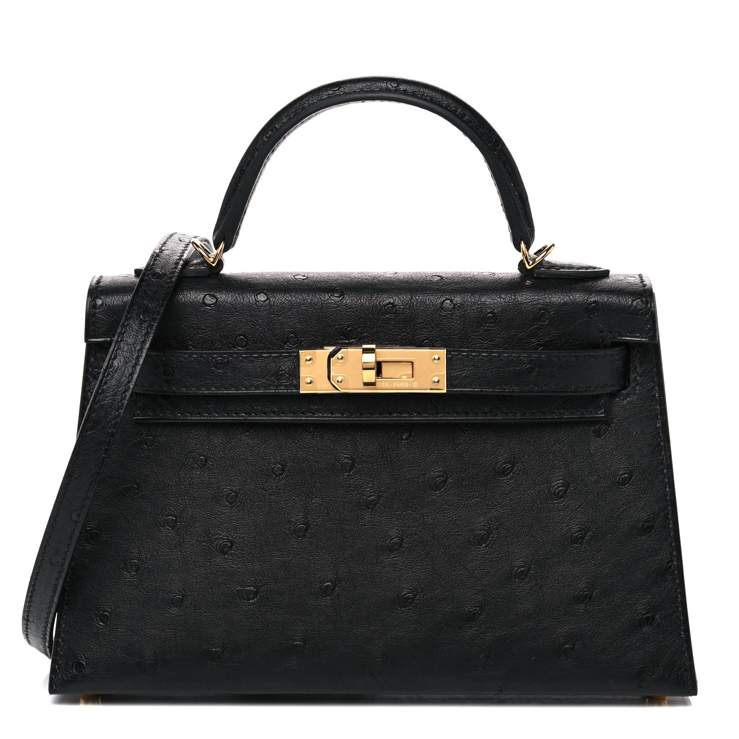 Kelly Sellier Mini 20 Black Ostrich Gold Hardware
