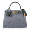 Kelly Sellier 28 HSS Bag Gris Agate / Vert Titien Ostrich Gold Hardware