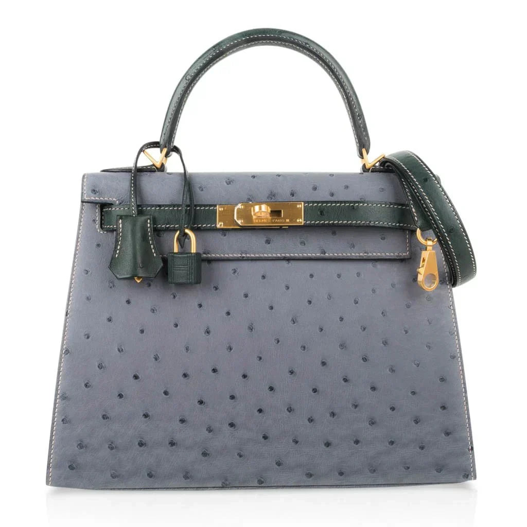 Kelly Sellier 28 HSS Bag Gris Agate / Vert Titien Ostrich Gold Hardware