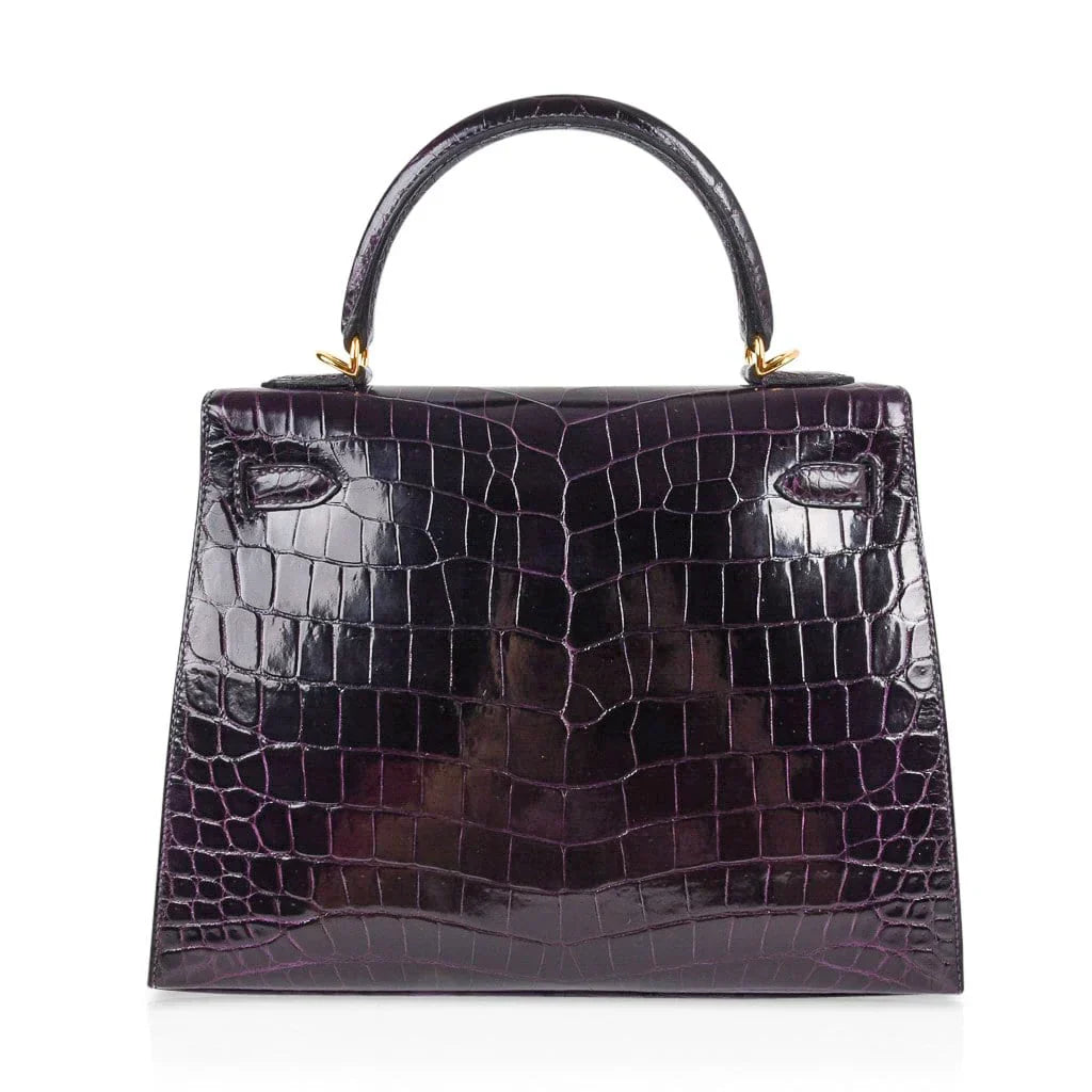 Kelly 25 Bag Sellier Crocodile Prunoir Gold Hardware