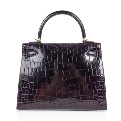 Kelly 25 Bag Sellier Crocodile Prunoir Gold Hardware