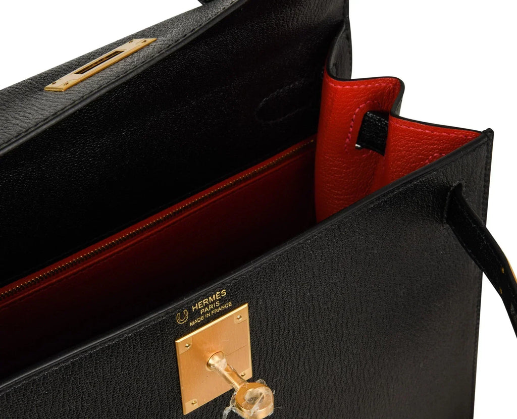 Kelly HSS 28 Bag Sellier Black Chevre Vermillion Interior Brushed Gold