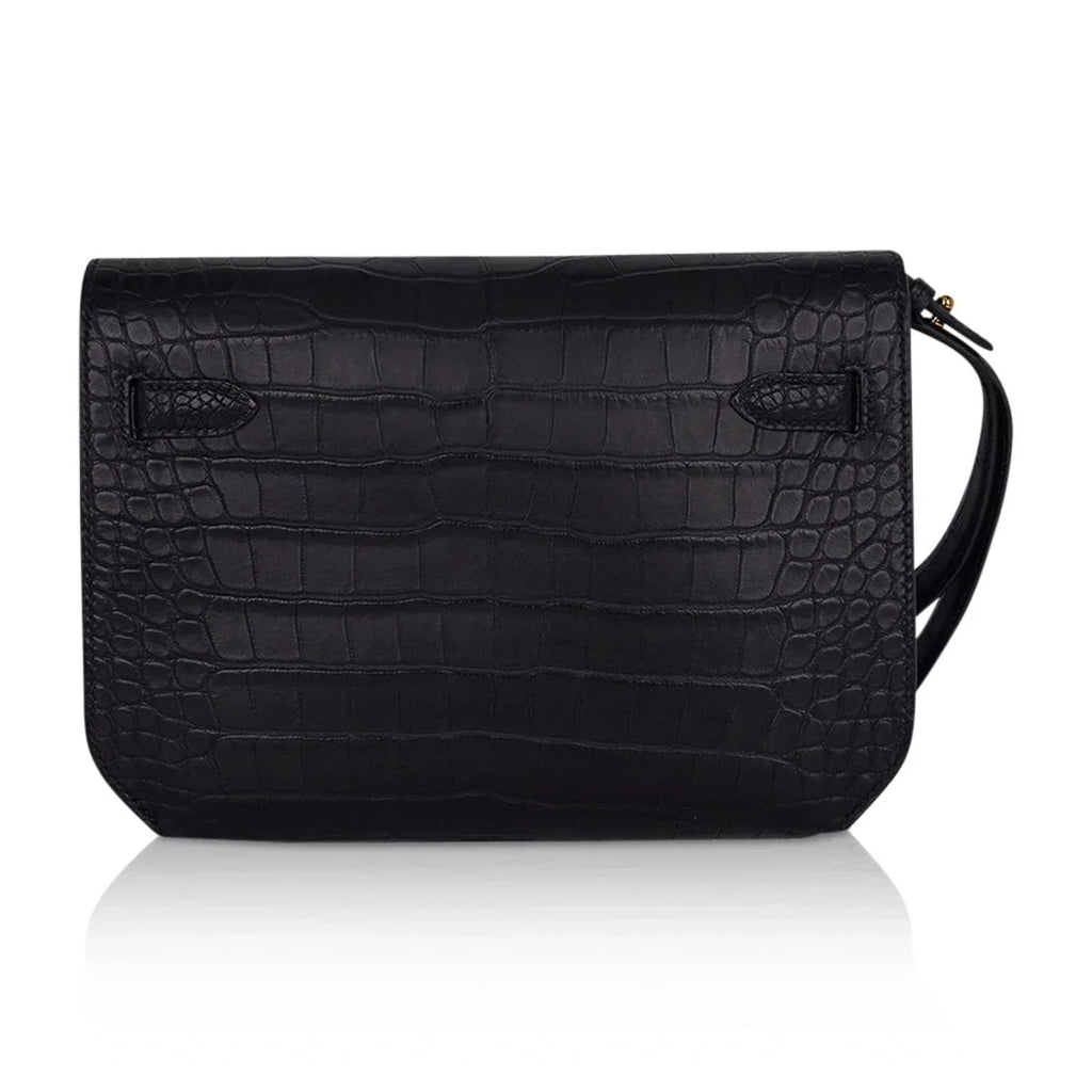 Kelly Depeches 25 Pouch Black Matte Alligator Gold Hardware New