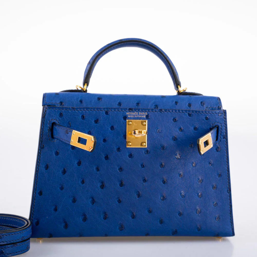 Kelly Mini II Blue Sapphire Ostrich Gold Hardware