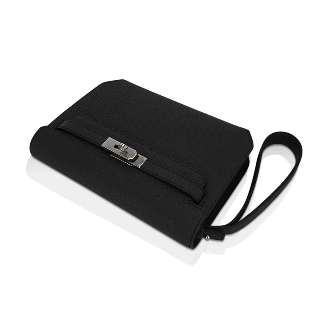Kelly Depeches 25 Pouch Bag Black Galop D’Leather with Palladium Hardware