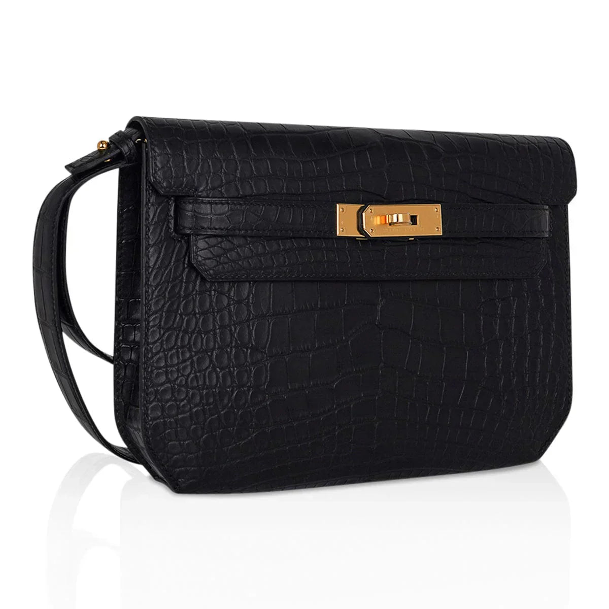 Kelly Depeches 25 Pouch Black Matte Alligator Gold Hardware New