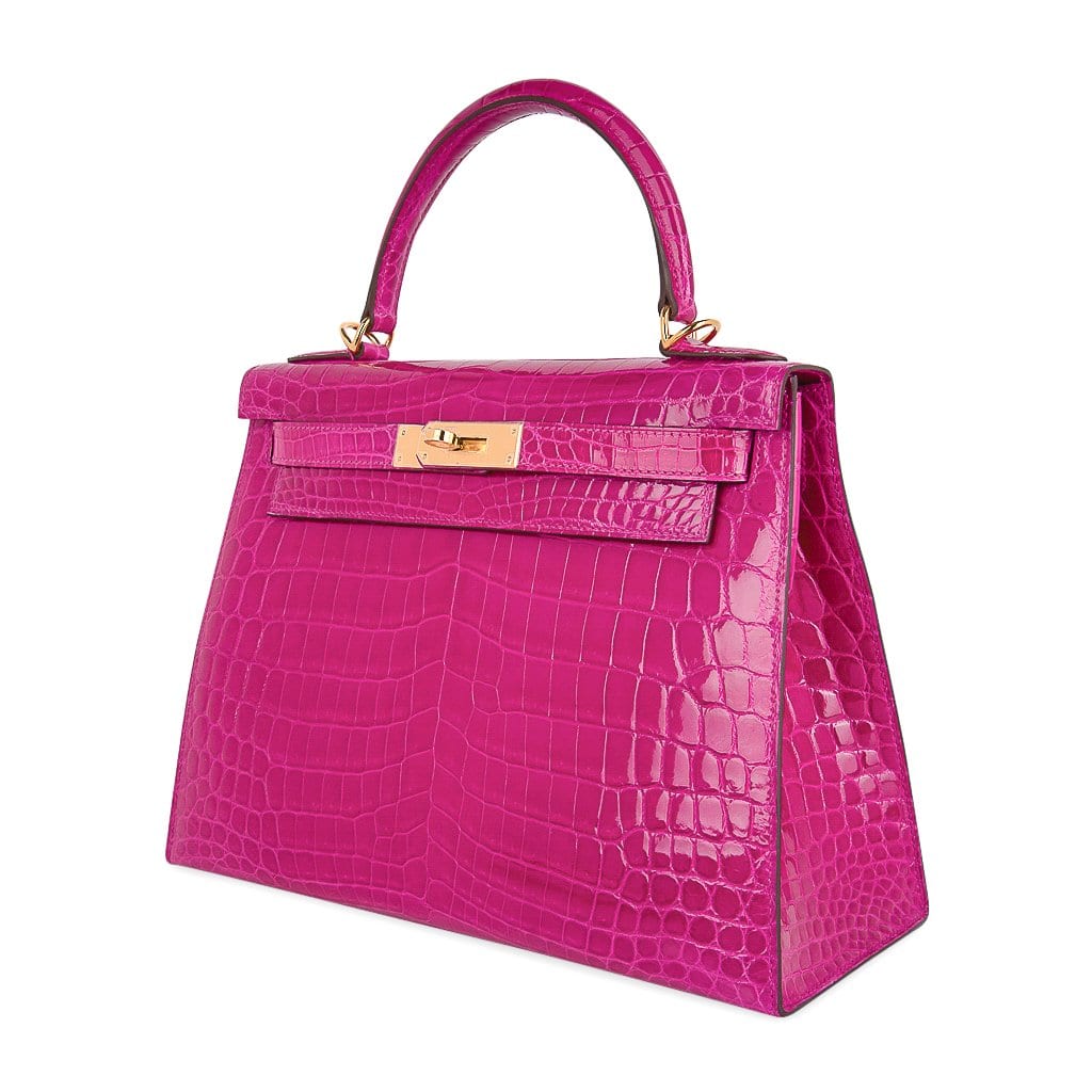 Kelly 28 Sellier Bag Rose Scheherazade Crocodile Gold Hardware