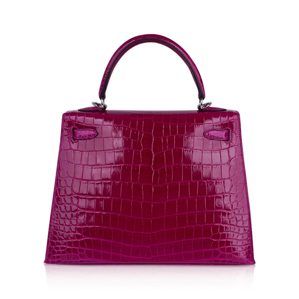 Kelly 25 Sellier Bag Rose Pourpre Crocodile with Palladium Hardware