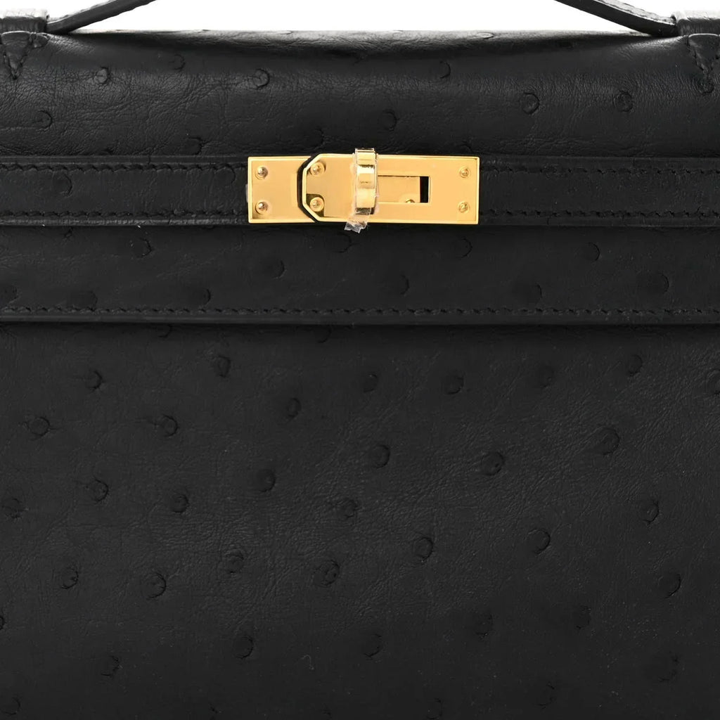 Kelly Pochette Black Ostrich Clutch Gold Hardware