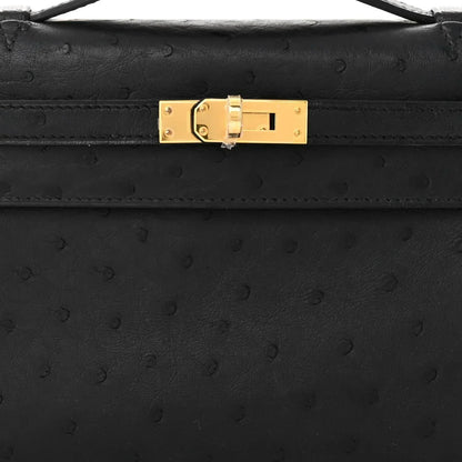Kelly Pochette Black Ostrich Clutch Gold Hardware