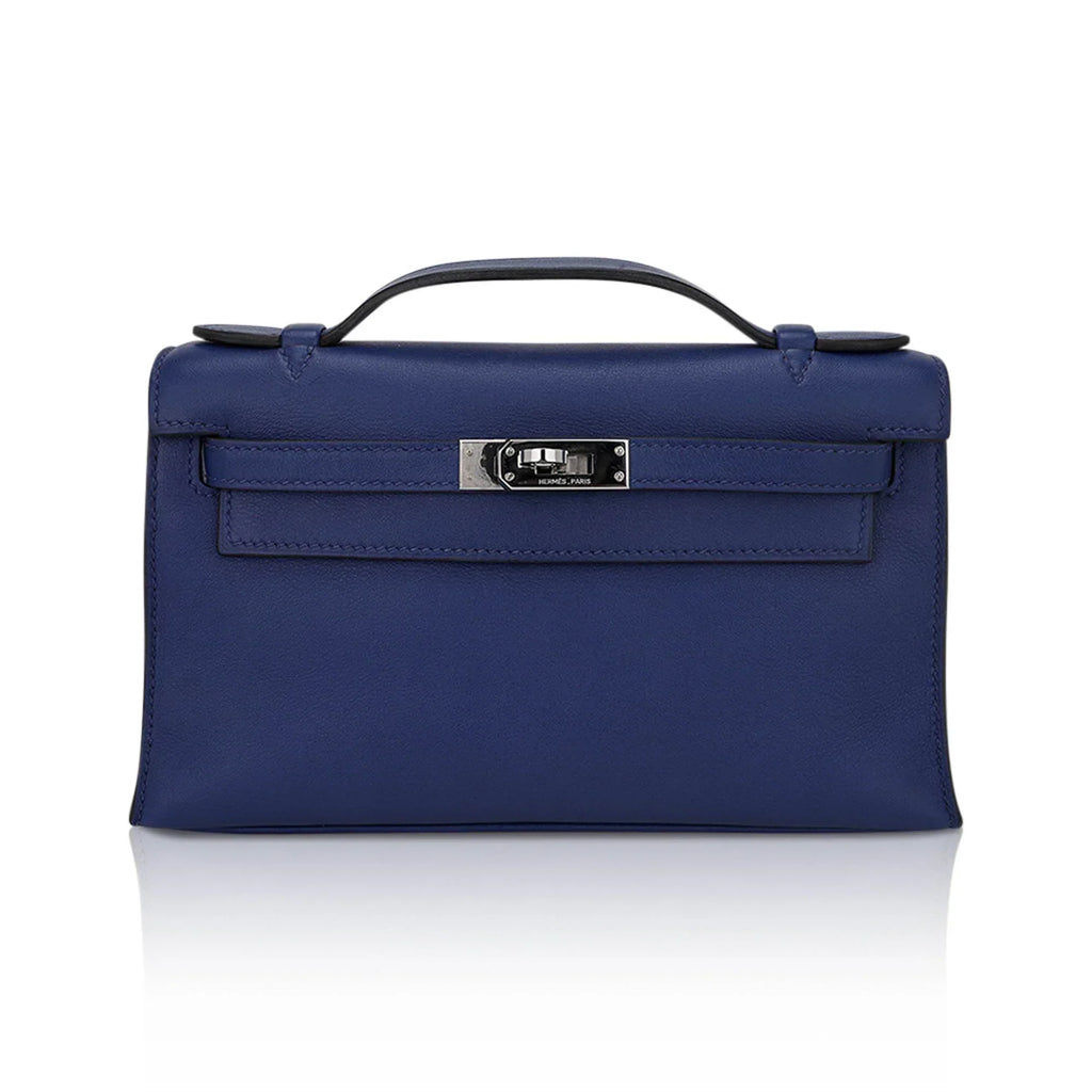 Kelly Pochette Clutch Bag Blue Sapphire Swift Leather with Palladium Hardware