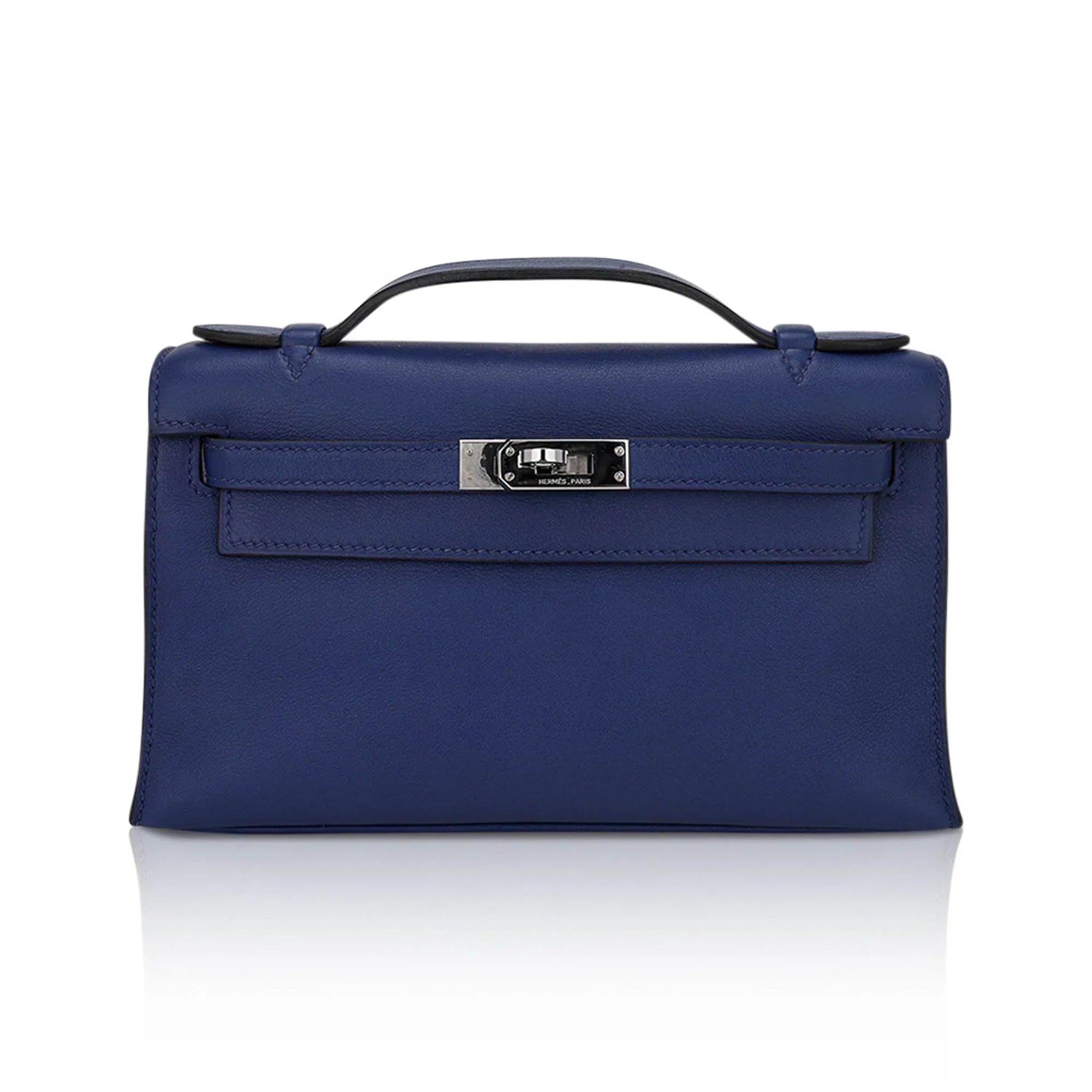 Kelly Pochette Clutch Bag Blue Sapphire Swift Leather with Palladium Hardware