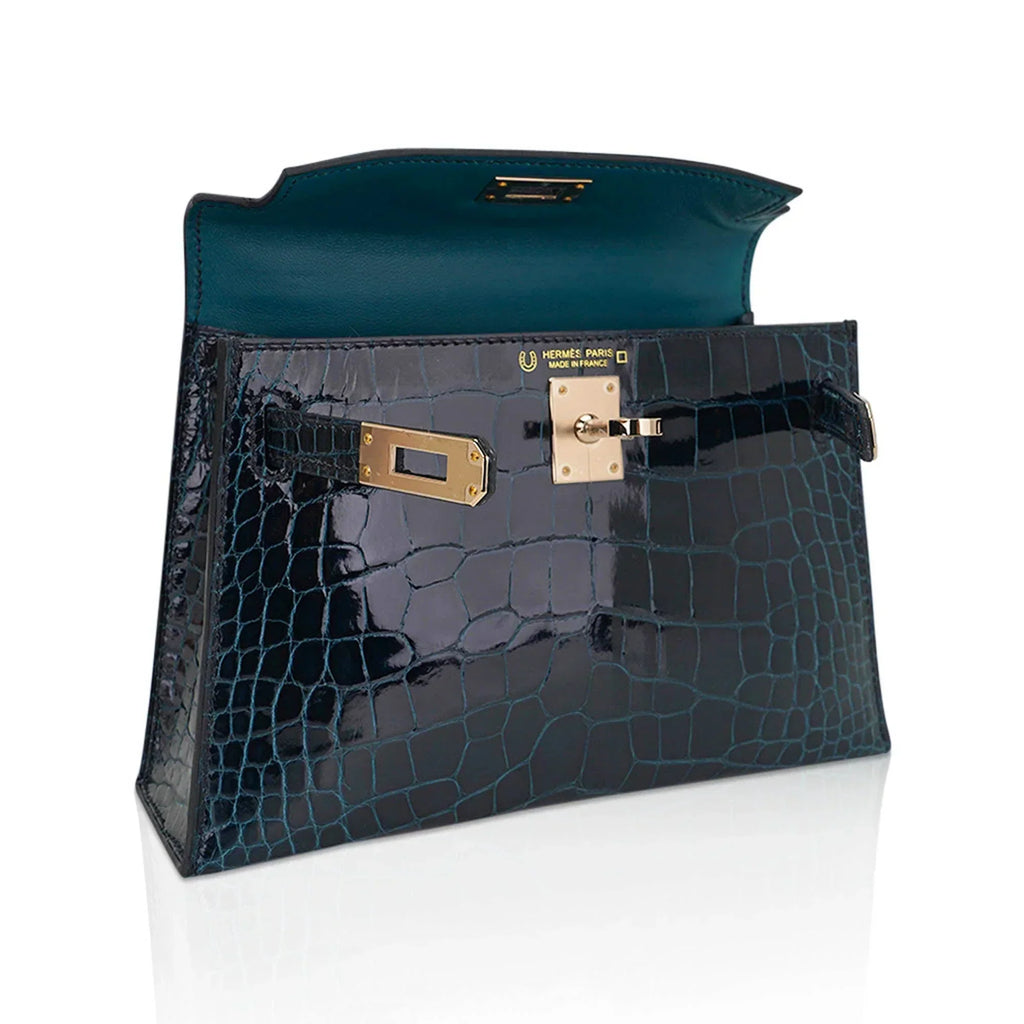 Limited Edition Verso Mini Kelly 20 Sellier Bag Vert Rousseau & Blue Paon Alligator with Permabrass Hardware