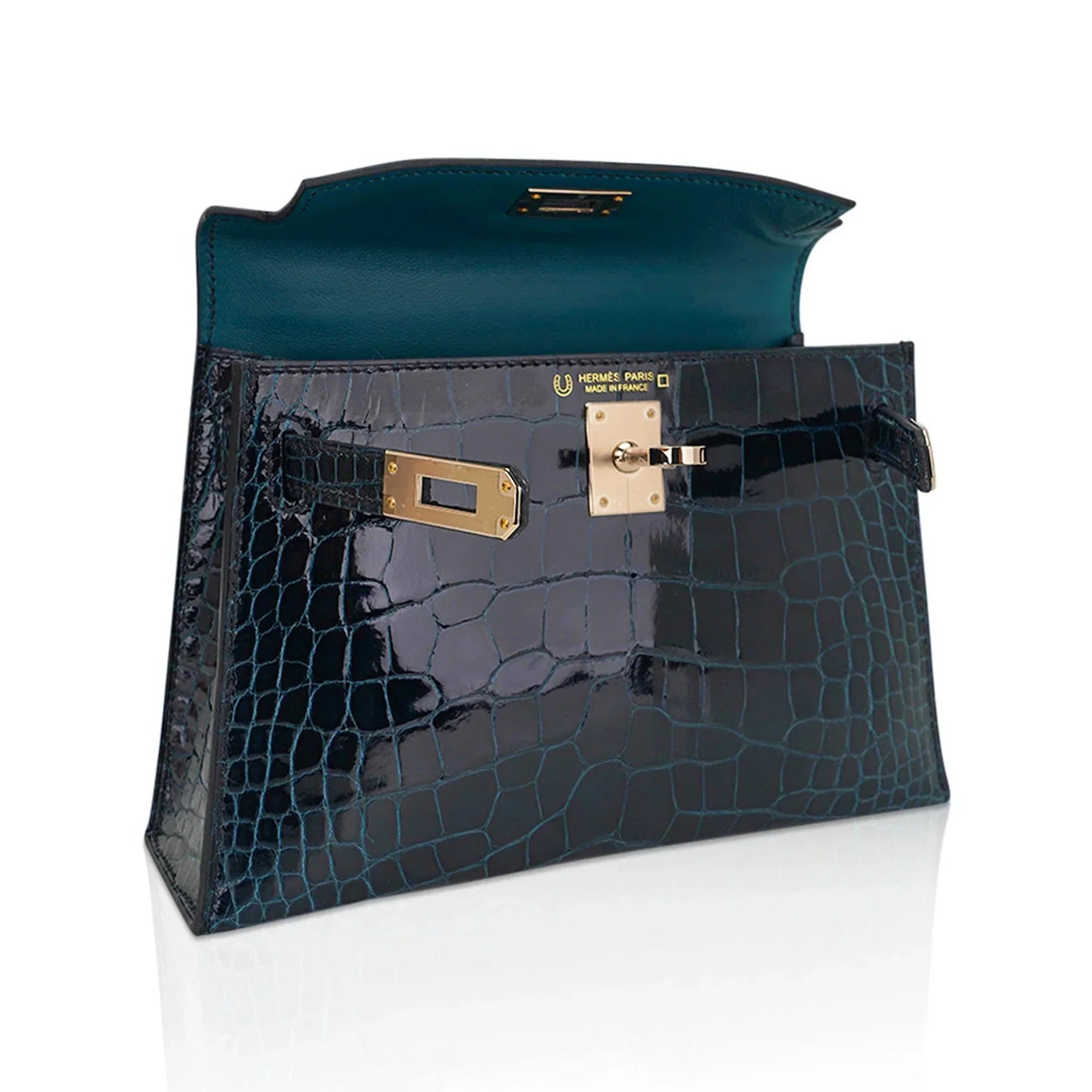 Limited Edition Verso Mini Kelly 20 Sellier Bag Vert Rousseau & Blue Paon Alligator with Permabrass Hardware