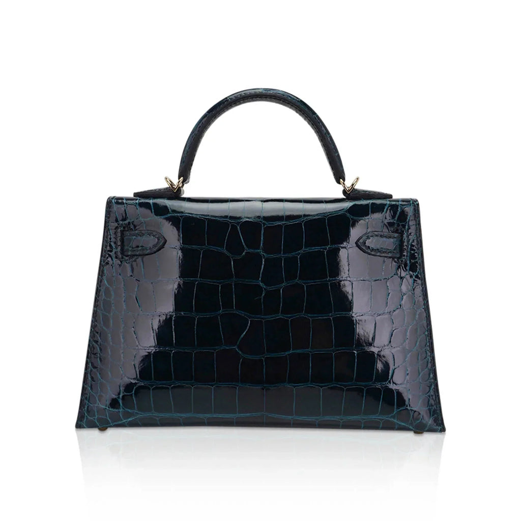 Limited Edition Verso Mini Kelly 20 Sellier Bag Vert Rousseau & Blue Paon Alligator with Permabrass Hardware