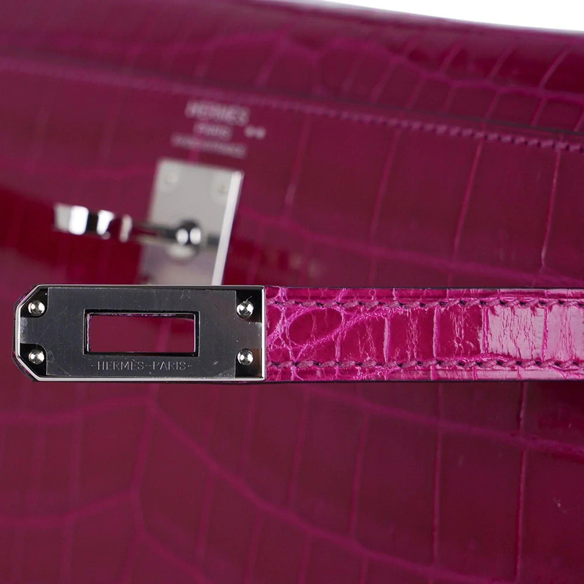 Kelly 25 Sellier Bag Rose Pourpre Crocodile with Palladium Hardware