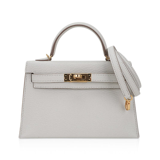 Mini Kelly 20 Bag Sellier Mushroom Chevre with Gold Hardware