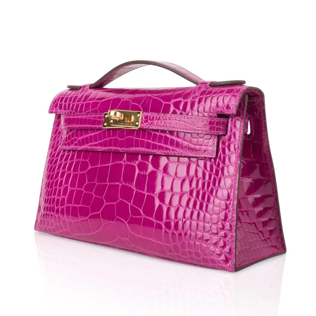 Kelly Pochette Clutch Bag Rose Scheherazade Pink Alligator Gold Hardware