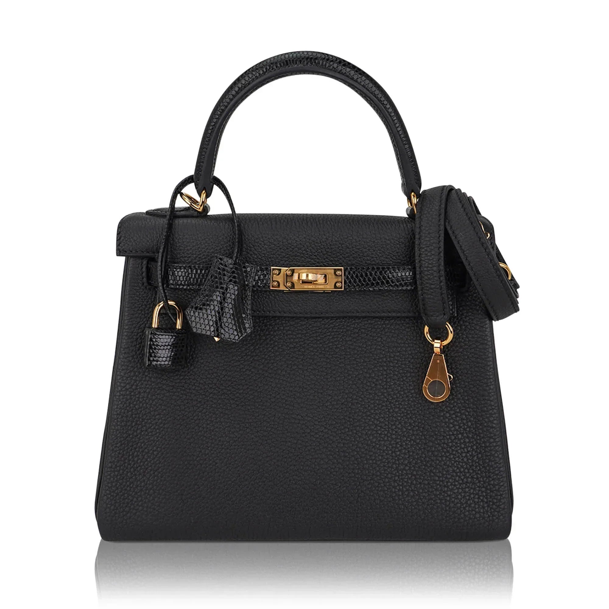 Kelly Touch 25 Retourne Bag Black Lizard Togo Leather Gold Hardware
