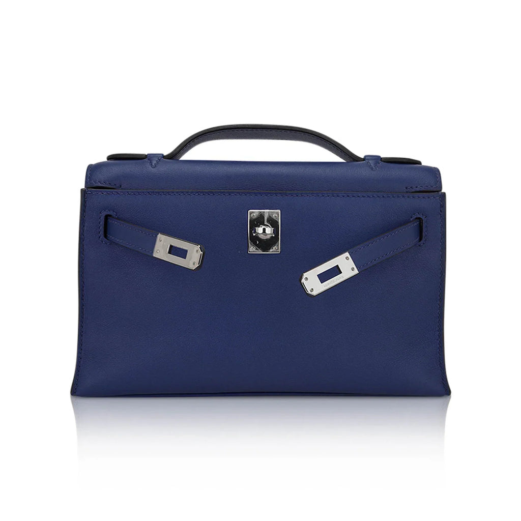 Kelly Pochette Clutch Bag Blue Sapphire Swift Leather with Palladium Hardware