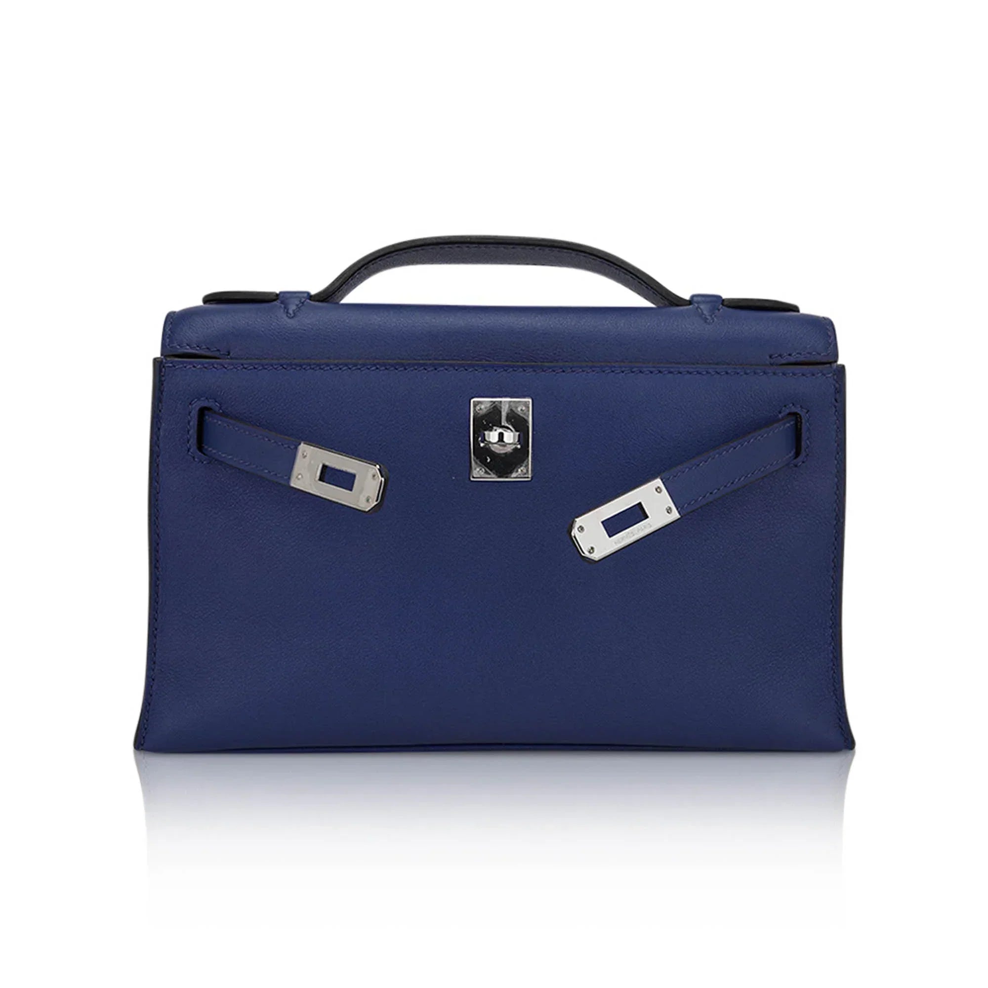 Kelly Pochette Clutch Bag Blue Sapphire Swift Leather with Palladium Hardware