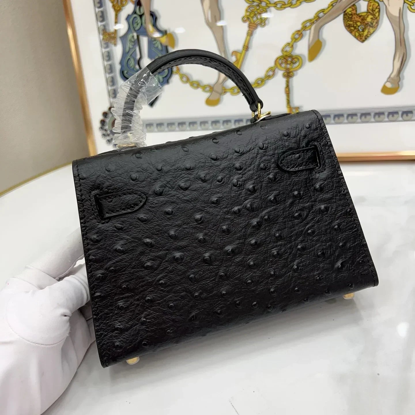 Kelly Sellier Mini 20 Black Ostrich Gold Hardware