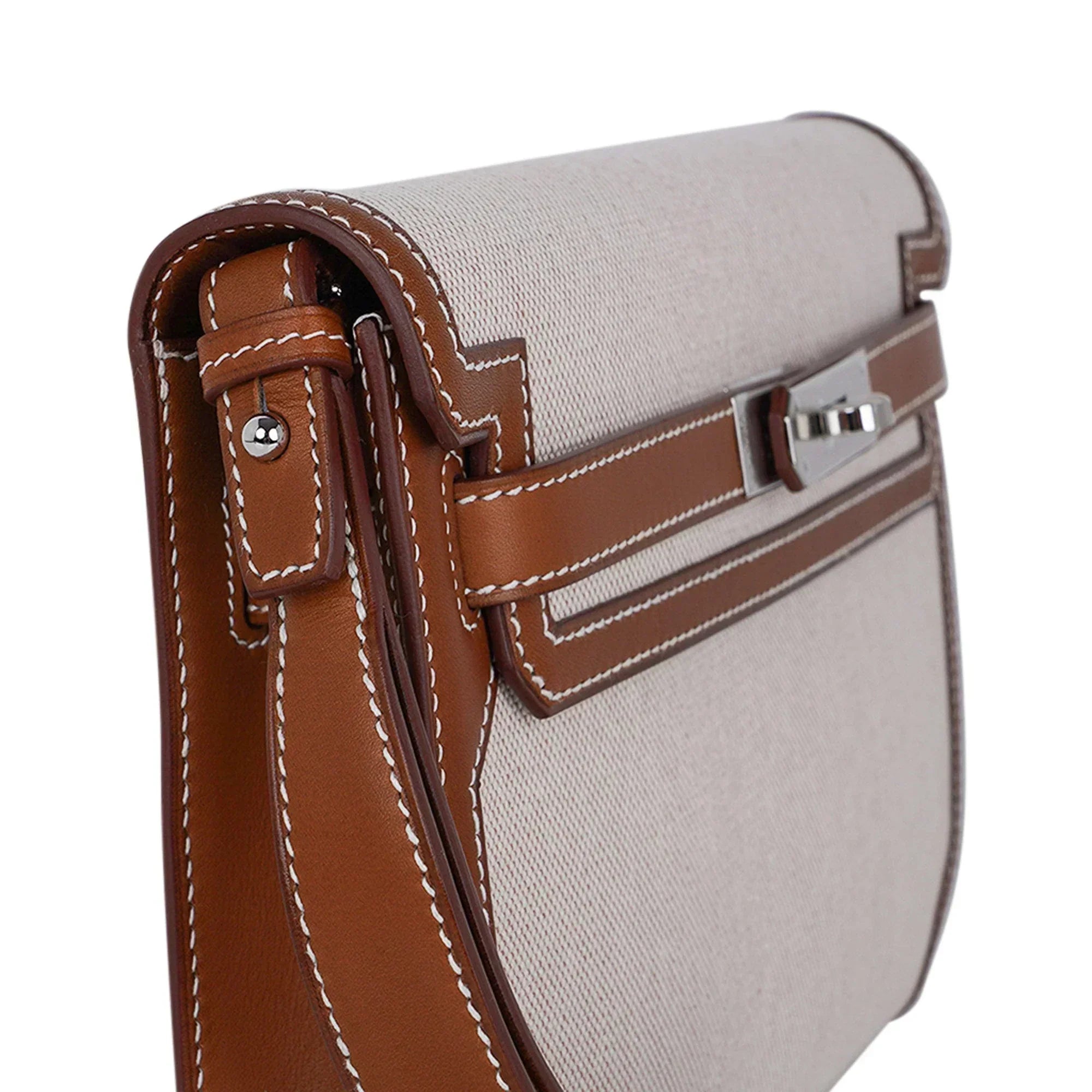 Kelly Depeches 25 Pouch Toile & Fauve Barenia Trim with Palladium Hardware