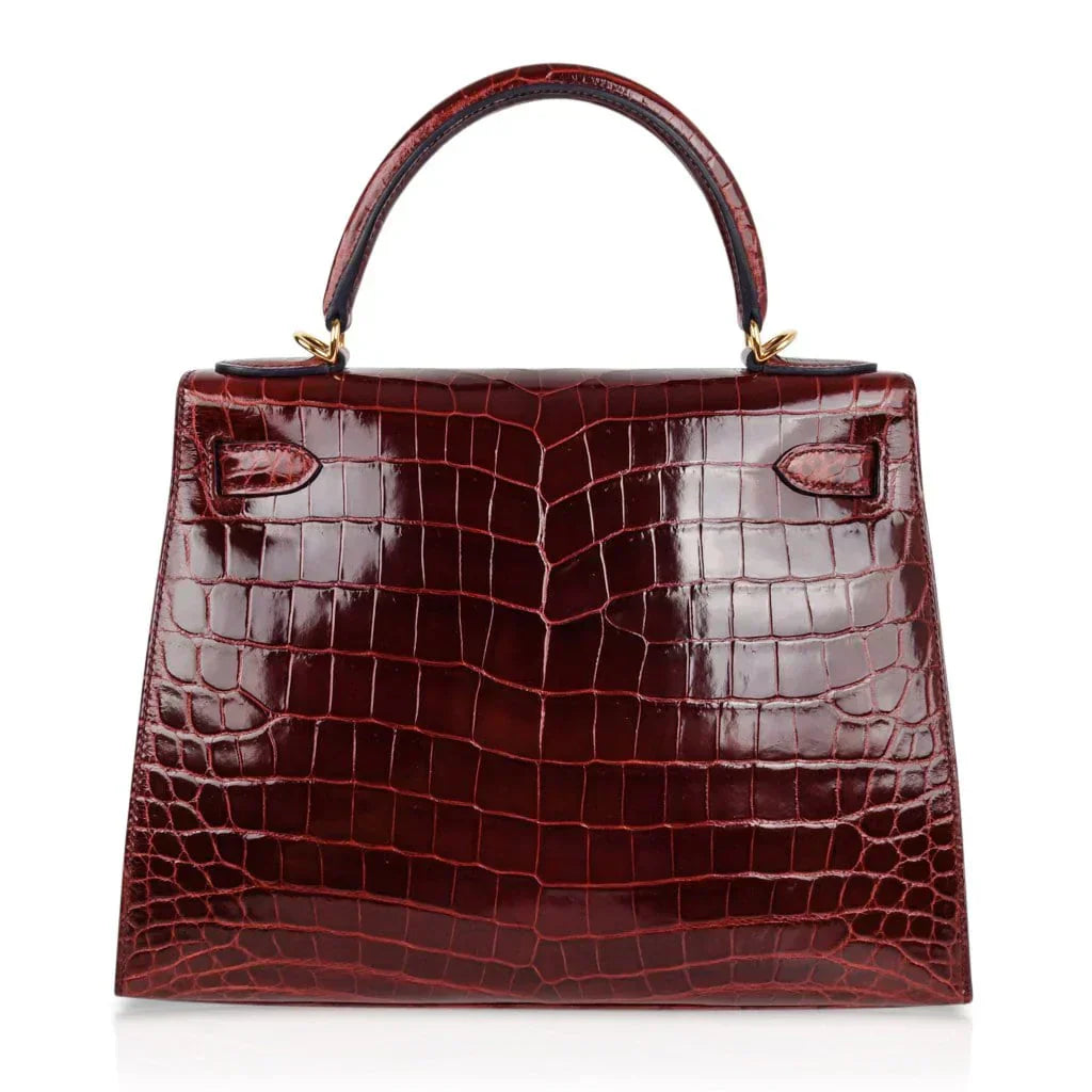 Kelly 28 Bag Sellier Bourgogne Red Navy Contour Crocodile Gold Hardware